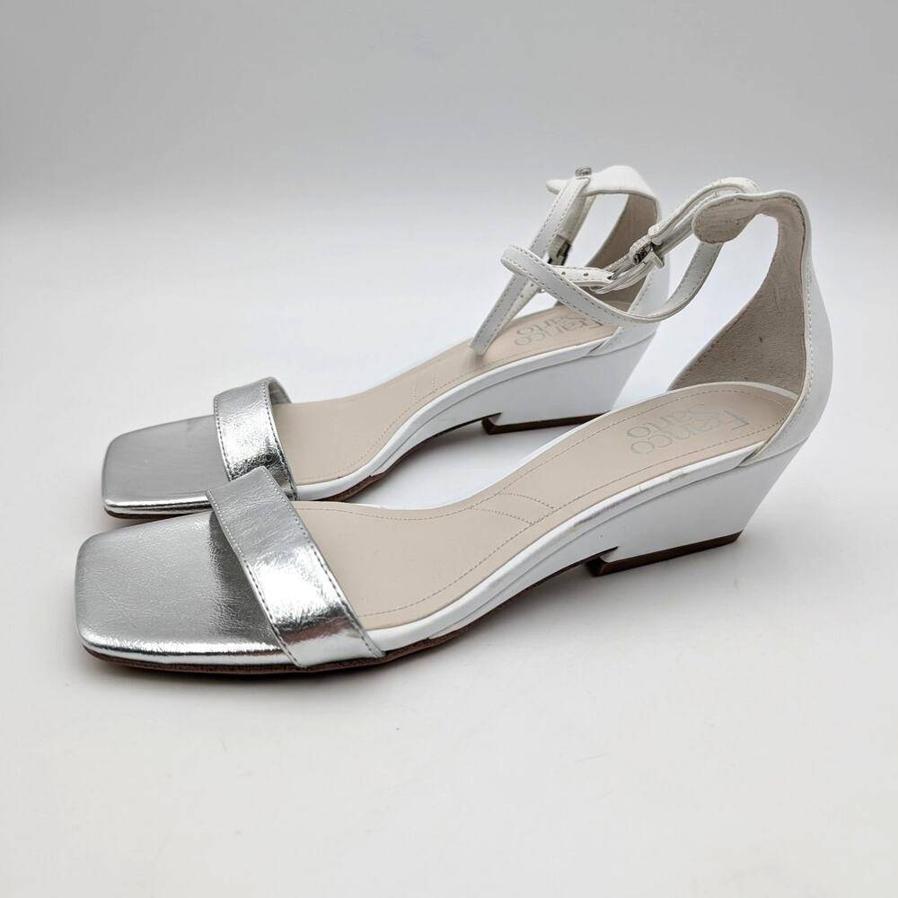 Franco Sarto Sadie Wedge Sandals Women's White/Silver Metallic Size US8M EU38.5